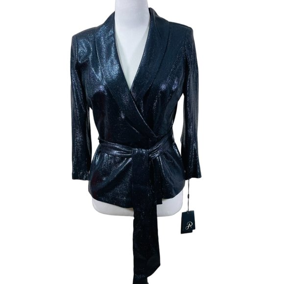 Adrianna Papell Women's Indigo Blue Metallic Wrap Top Size 4 Tie 3/4 Sleeve $139 - Picture 3 of 10
